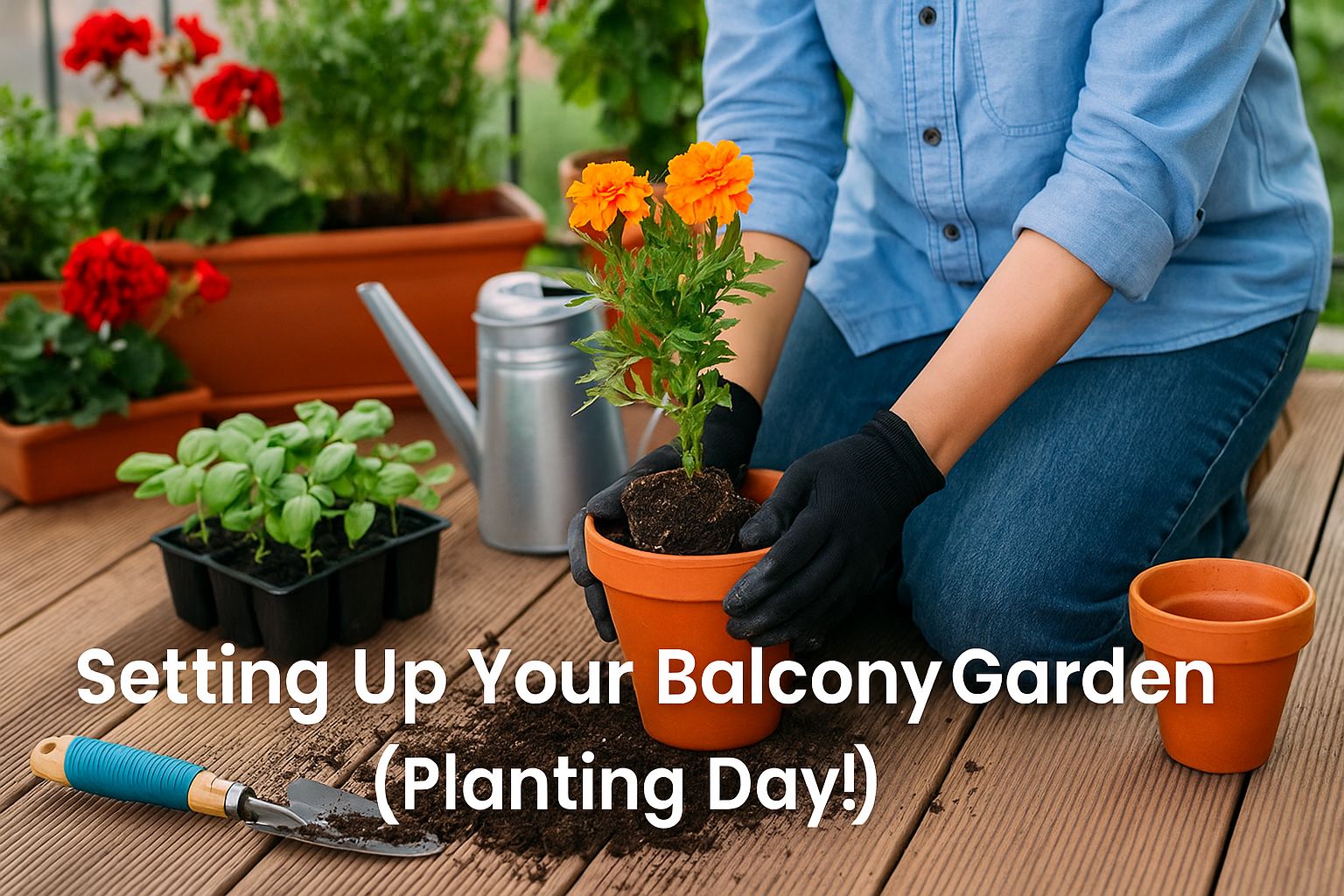a person potting marigold plants on a balcony with tools and seedlings, representing Setting Up Your Balcony Garden — Urban Plant